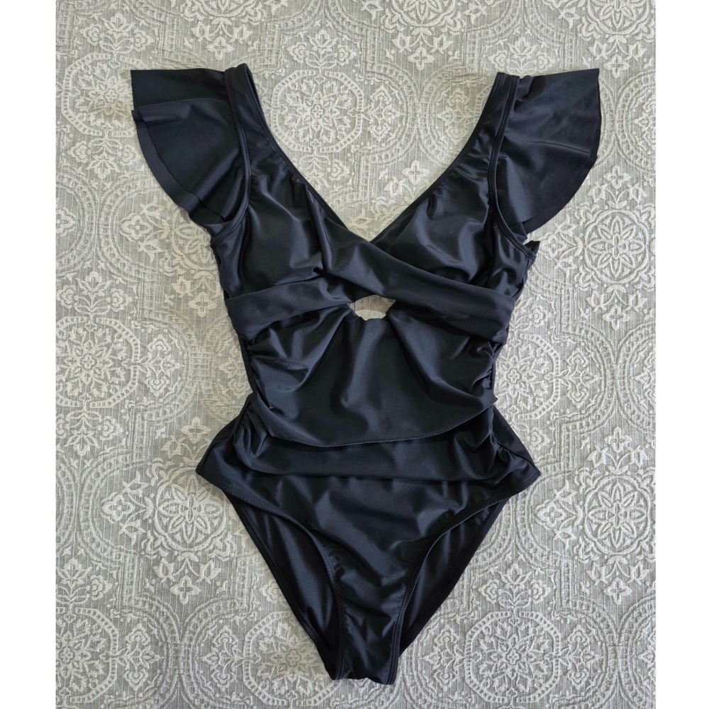 Cupshe Womens Black Ruffle One Piece Swimsuit Tummy Control CAA12E4H013AA Size L